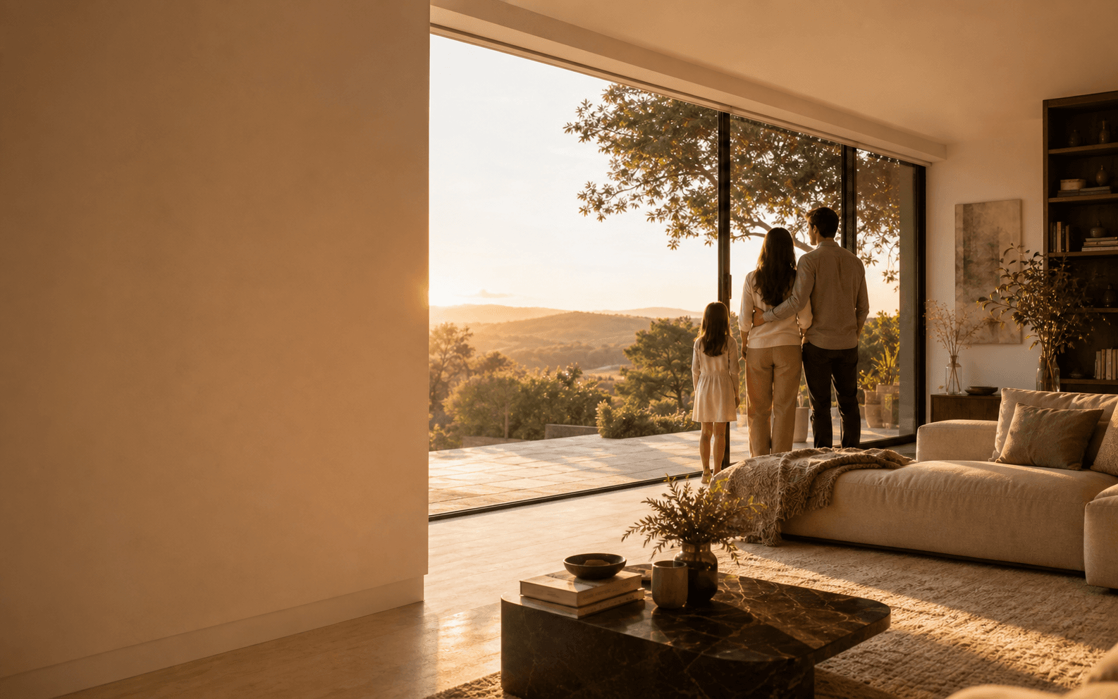Familia contemplando el paisaje desde su hogar